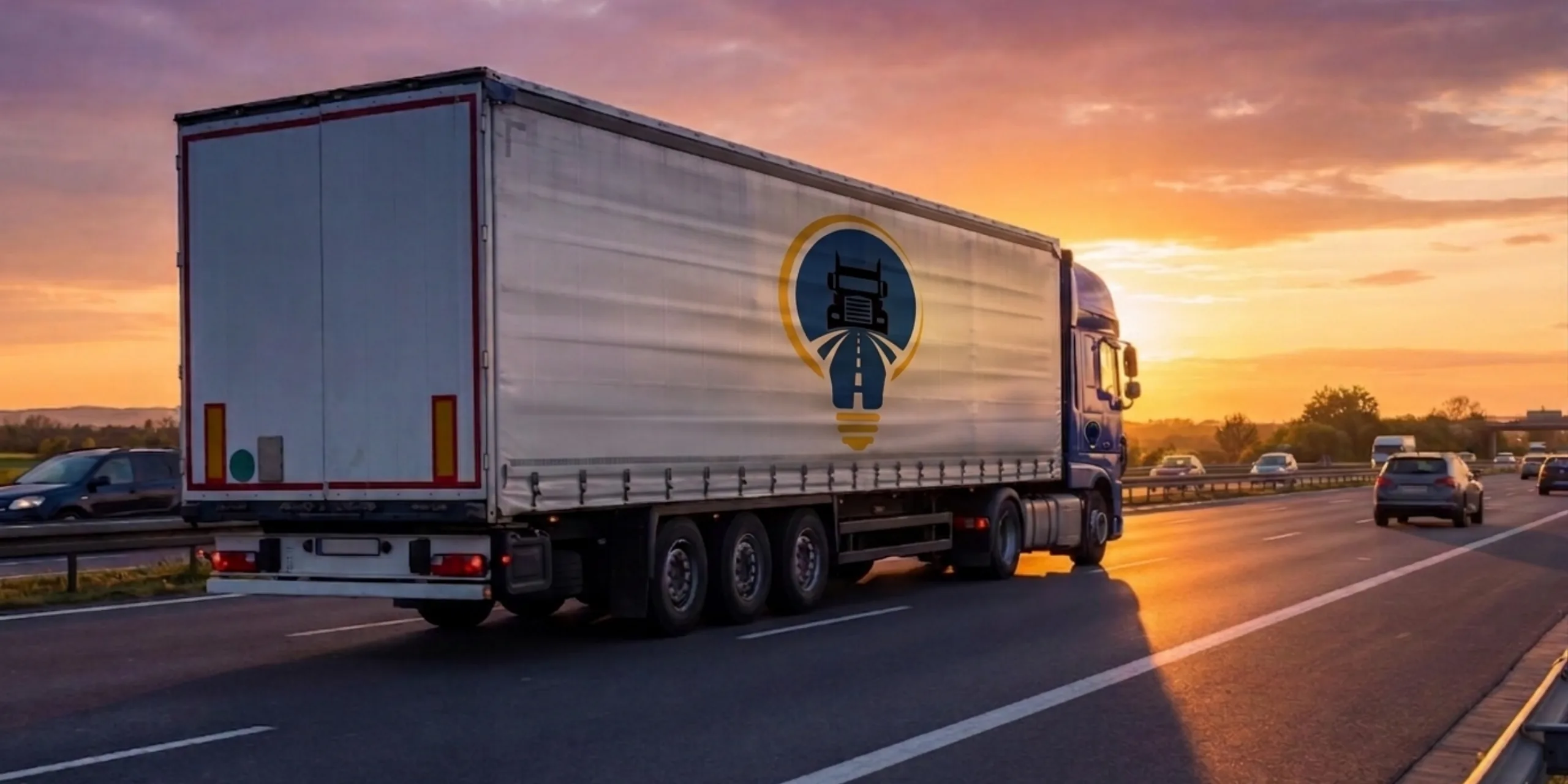 Bulb Transport curtain-sided lorry driving along a motorway at sunset